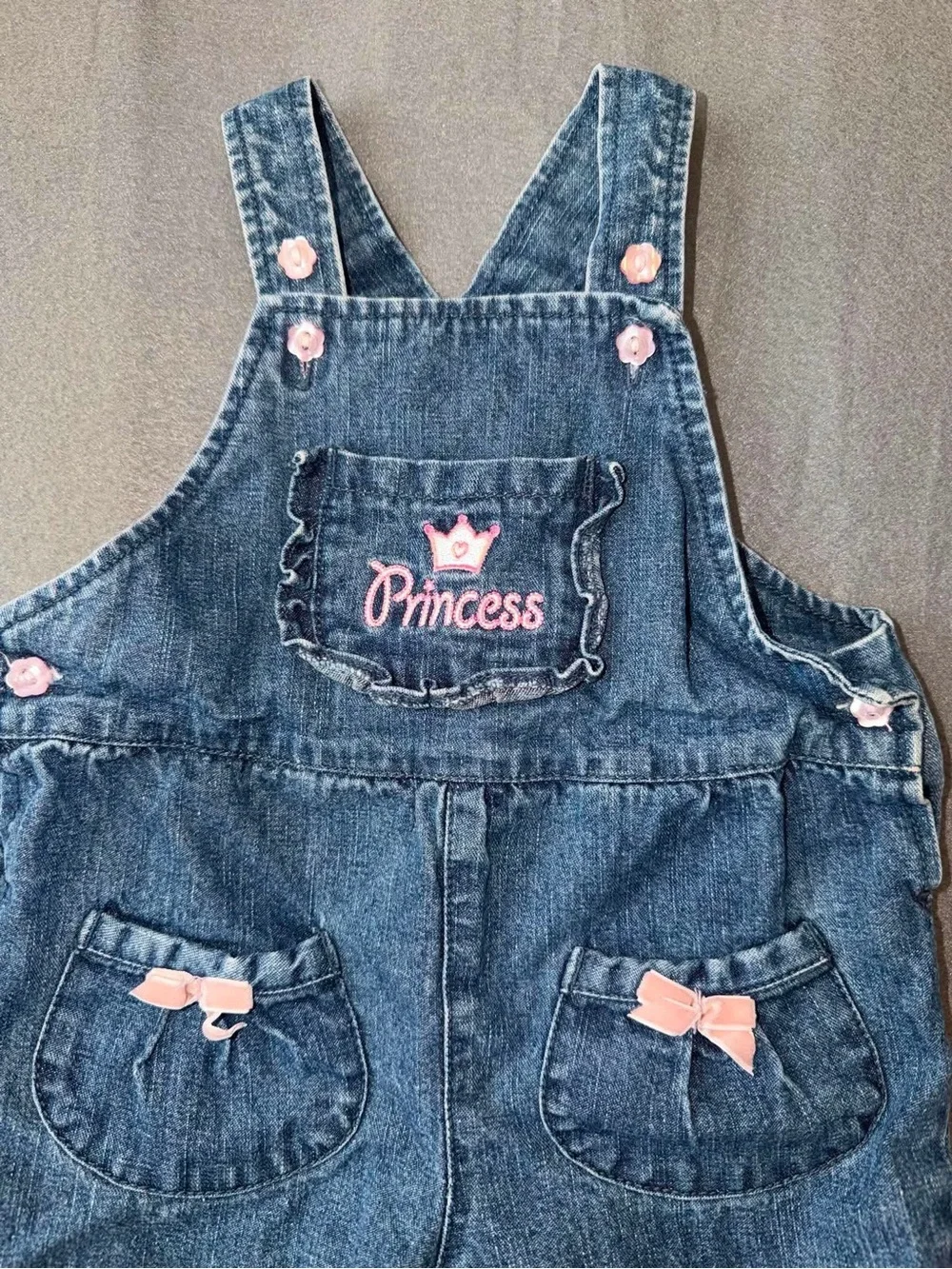 Sunshine Baby Princess Denim Overall Romper 6-9M Pink Bow